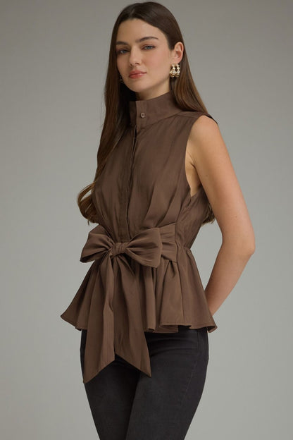 High Neck Front Tie Top - Brown