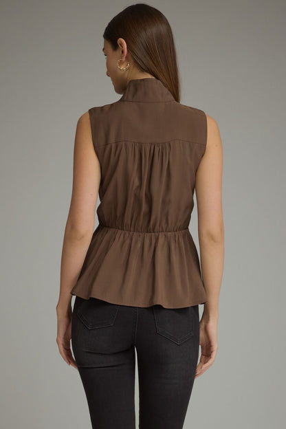 High Neck Front Tie Top - Brown