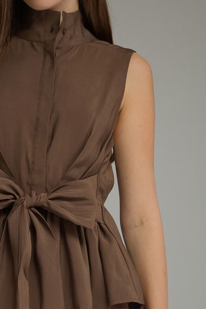 High Neck Front Tie Top - Brown