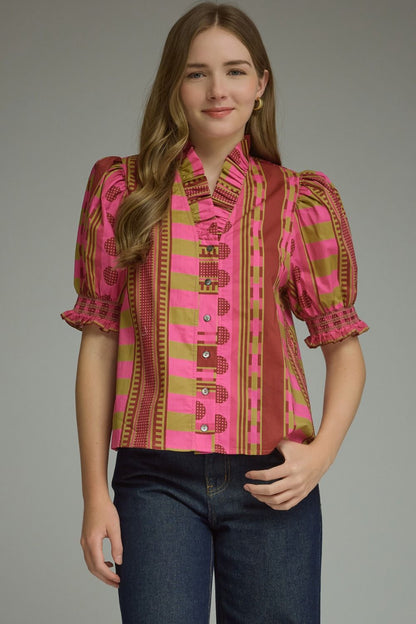 Mixed Print Short Puff Sleeve Top - Plum