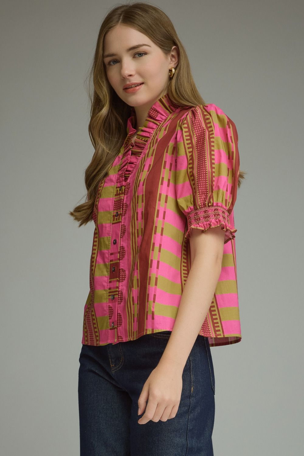 Mixed Print Short Puff Sleeve Top - Plum