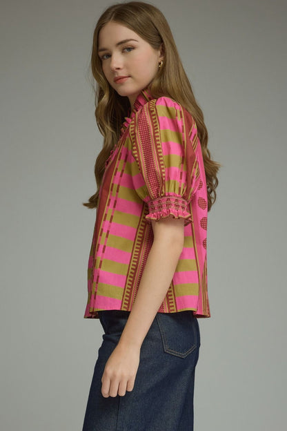 Mixed Print Short Puff Sleeve Top - Plum