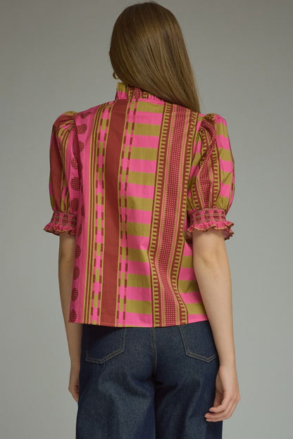Mixed Print Short Puff Sleeve Top - Plum