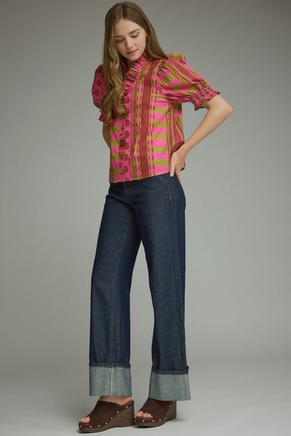 Mixed Print Short Puff Sleeve Top - Plum