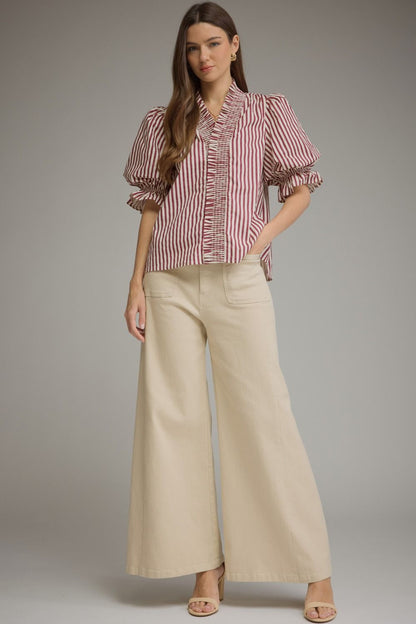 Stripe Puff Sleeve with Ruffle V-Neck Top - Plum