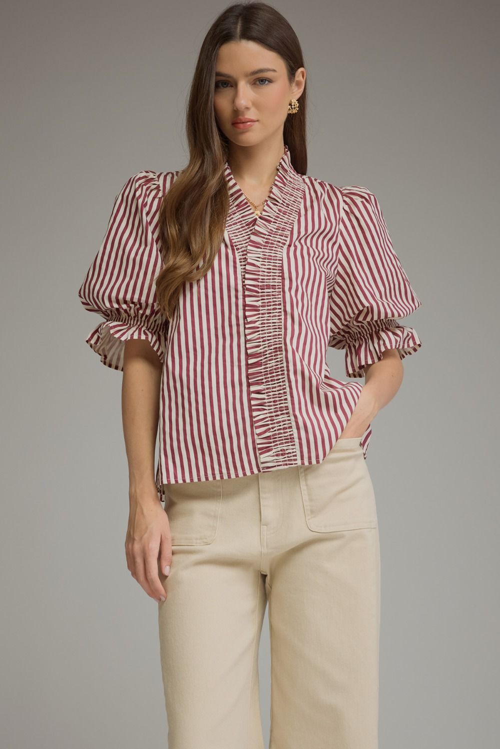 Stripe Puff Sleeve with Ruffle V-Neck Top - Plum