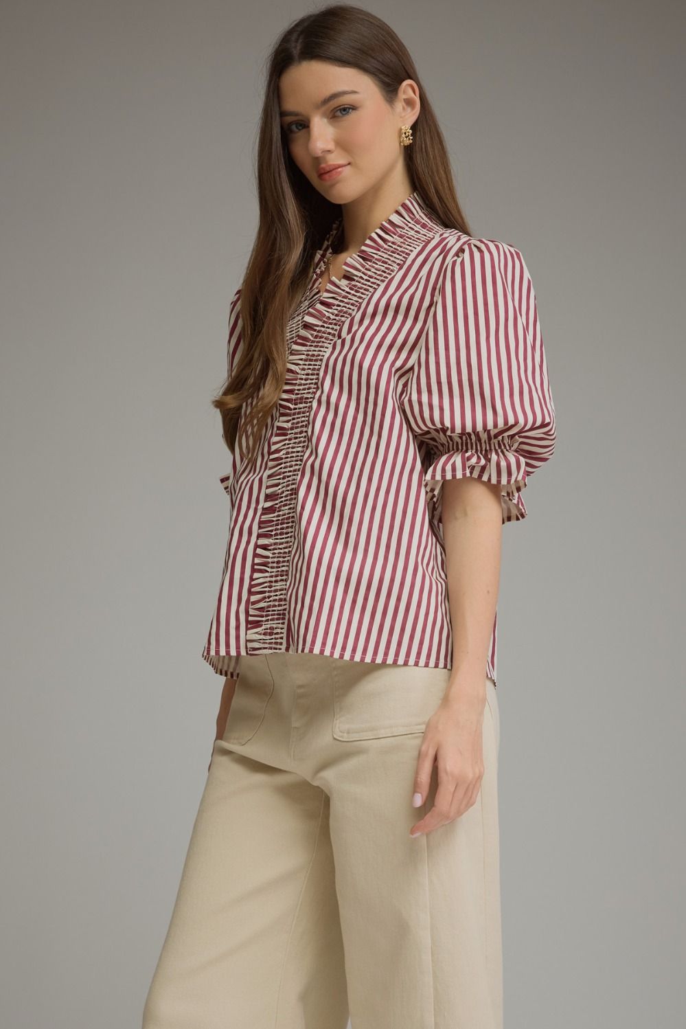 Stripe Puff Sleeve with Ruffle V-Neck Top - Plum
