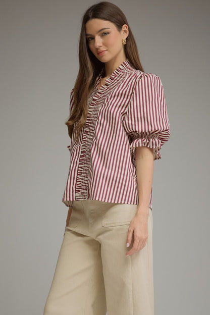 Stripe Puff Sleeve with Ruffle V-Neck Top - Plum