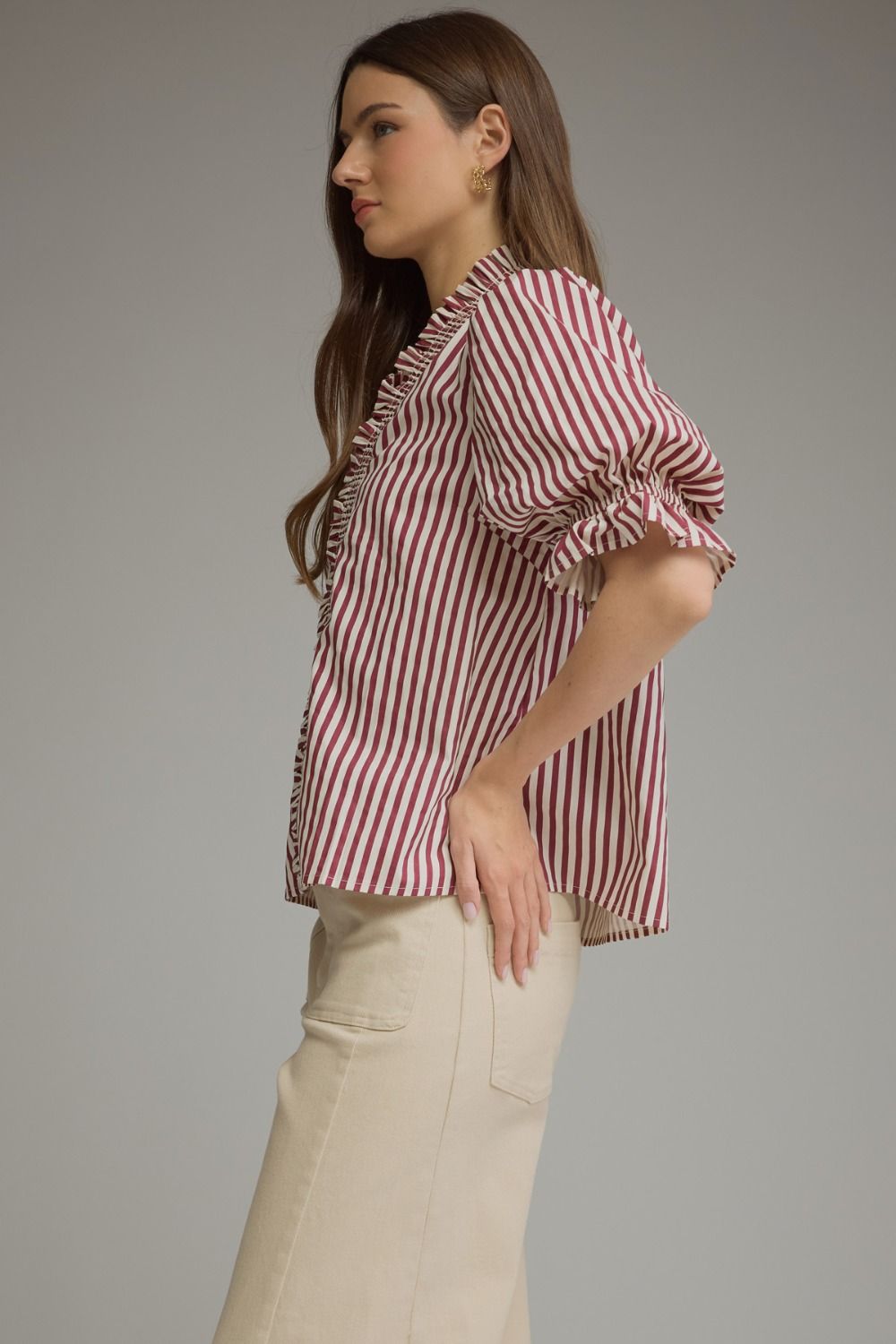 Stripe Puff Sleeve with Ruffle V-Neck Top - Plum