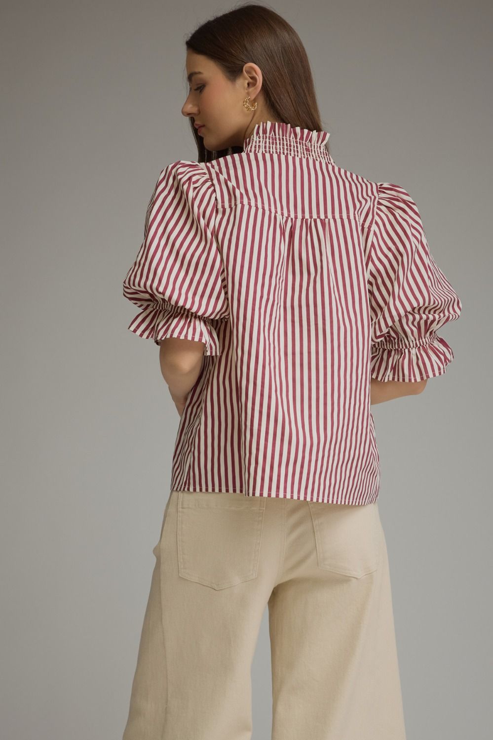 Stripe Puff Sleeve with Ruffle V-Neck Top - Plum