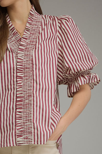 Stripe Puff Sleeve with Ruffle V-Neck Top - Plum