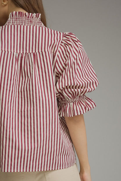 Stripe Puff Sleeve with Ruffle V-Neck Top - Plum