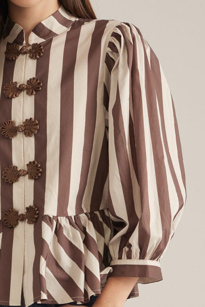 Stripe 3/4 Balloon Sleeve Top - Brown/Ecru