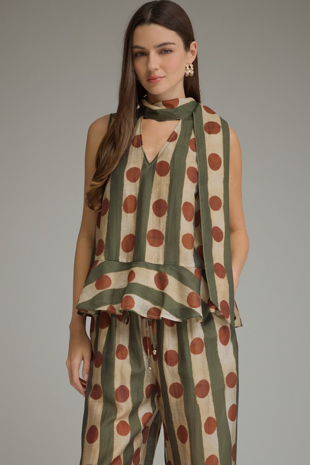 Scarf Detail Printed Sleeveless Top - Olive