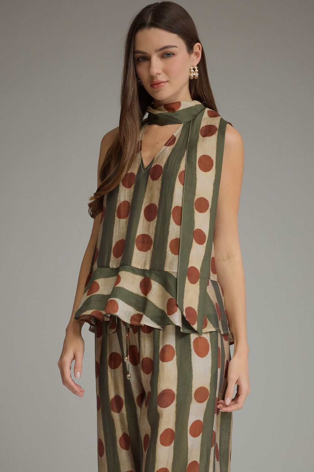 Scarf Detail Printed Sleeveless Top - Olive