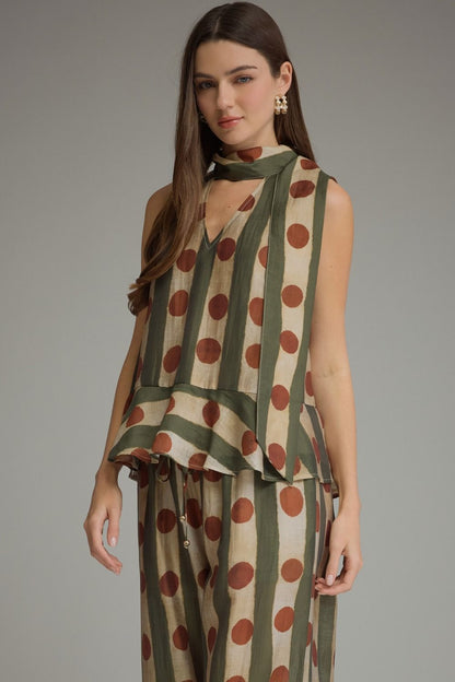 Scarf Detail Printed Sleeveless Top - Olive