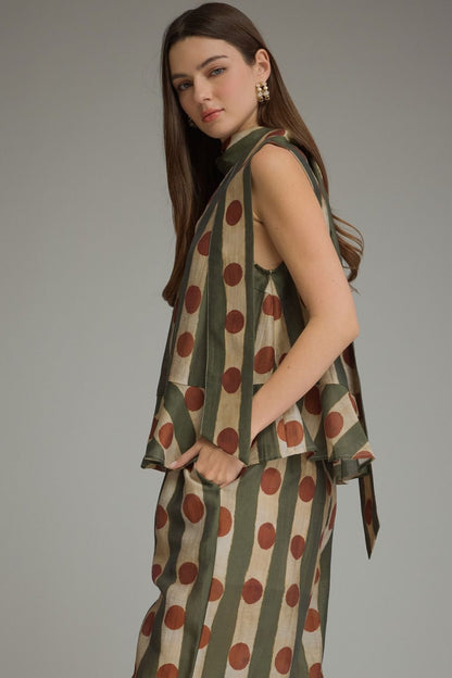 Scarf Detail Printed Sleeveless Top - Olive