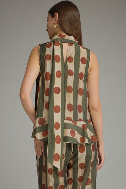 Scarf Detail Printed Sleeveless Top - Olive