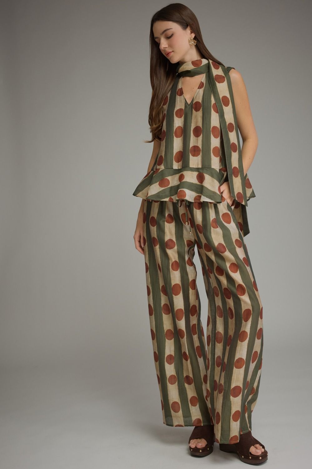 Scarf Detail Printed Sleeveless Top - Olive