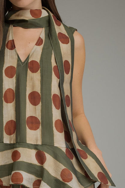 Scarf Detail Printed Sleeveless Top - Olive
