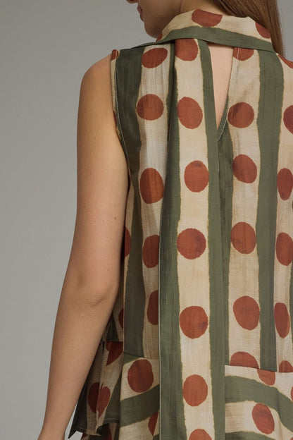 Scarf Detail Printed Sleeveless Top - Olive