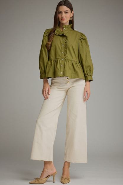 Ruffle Detail Peplum Top - Martini Olive