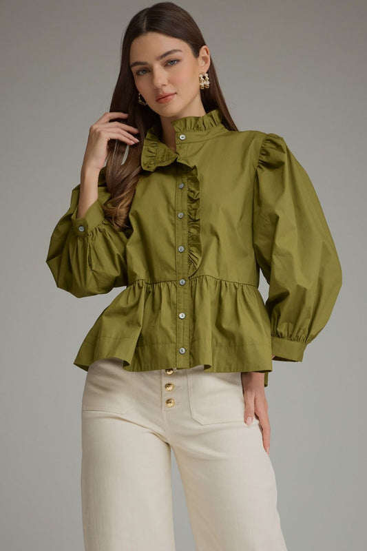 Ruffle Detail Peplum Top - Martini Olive
