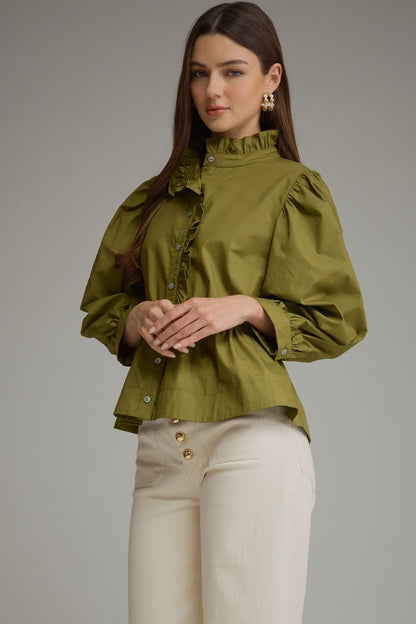 Ruffle Detail Peplum Top - Martini Olive