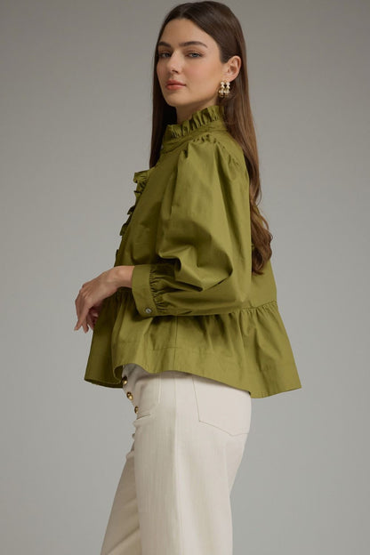 Ruffle Detail Peplum Top - Martini Olive
