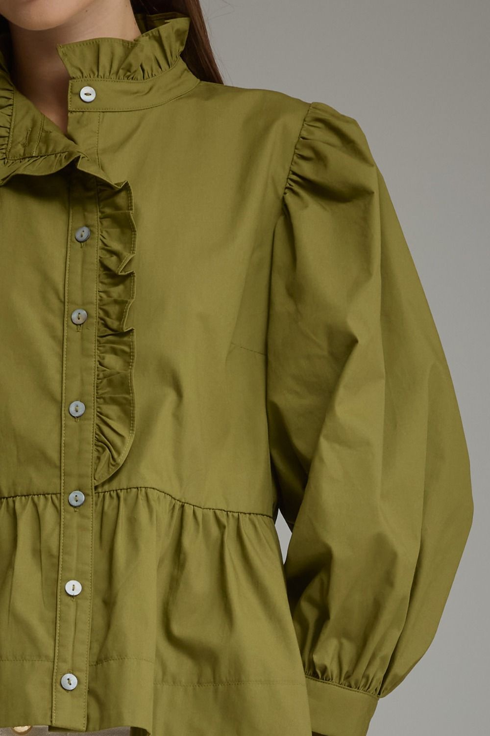 Ruffle Detail Peplum Top - Martini Olive