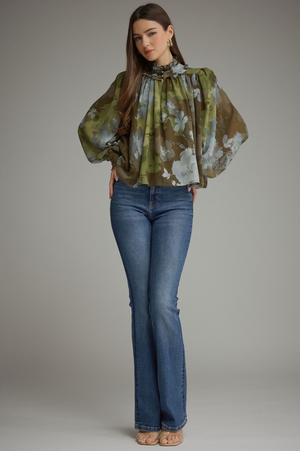 Printed Long Puff Sleeve Top - Olive