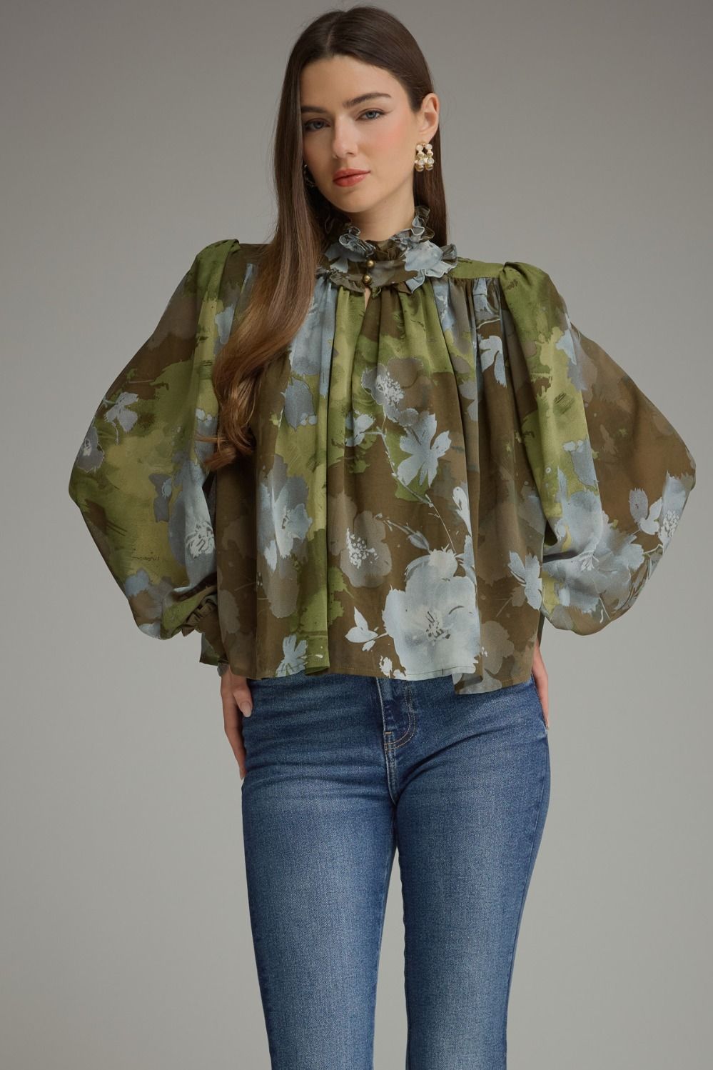 Printed Long Puff Sleeve Top - Olive