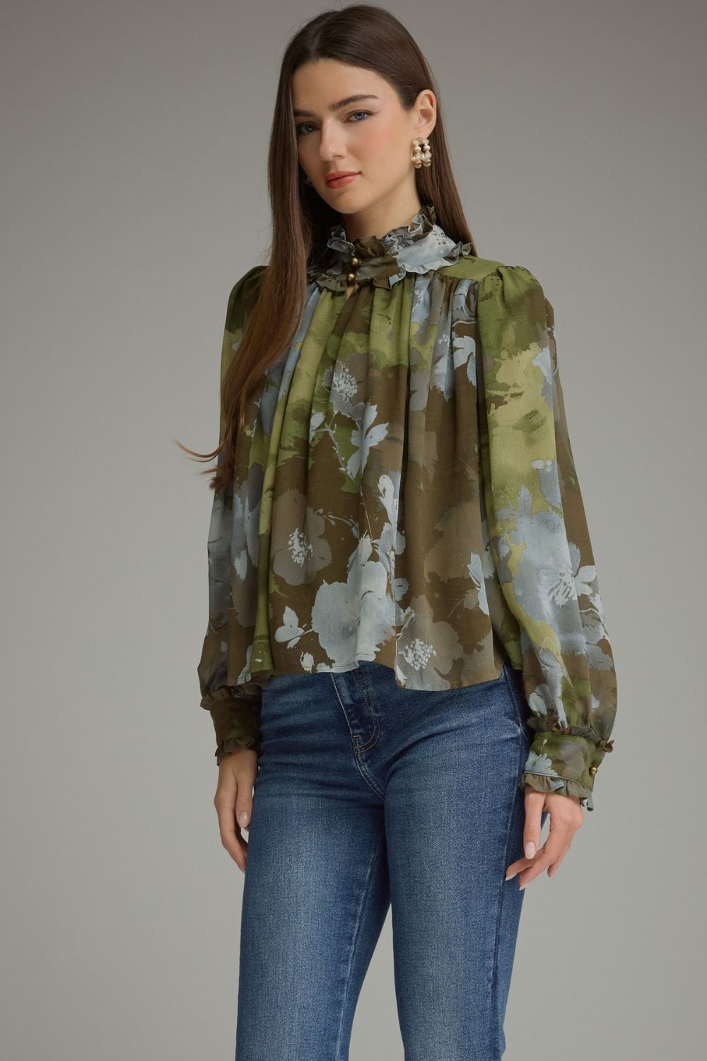 Printed Long Puff Sleeve Top - Olive