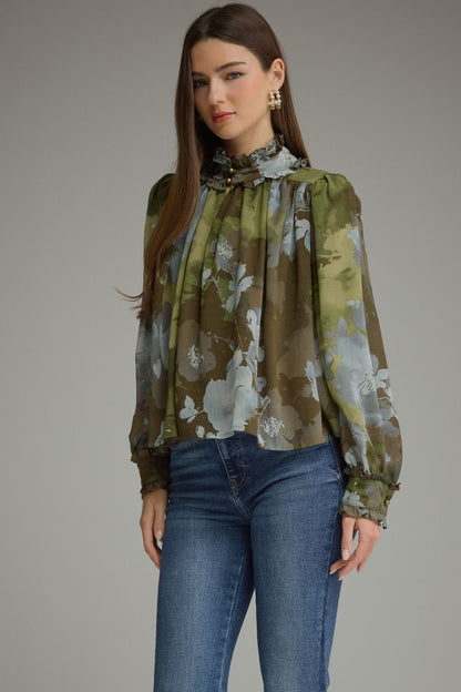 Printed Long Puff Sleeve Top - Olive