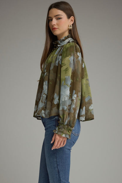 Printed Long Puff Sleeve Top - Olive