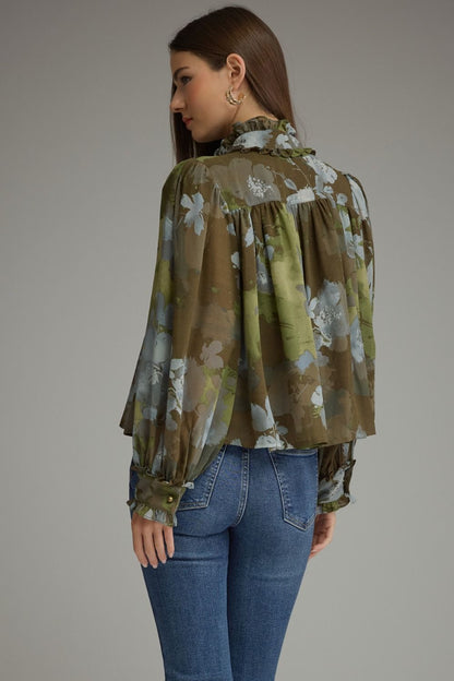 Printed Long Puff Sleeve Top - Olive