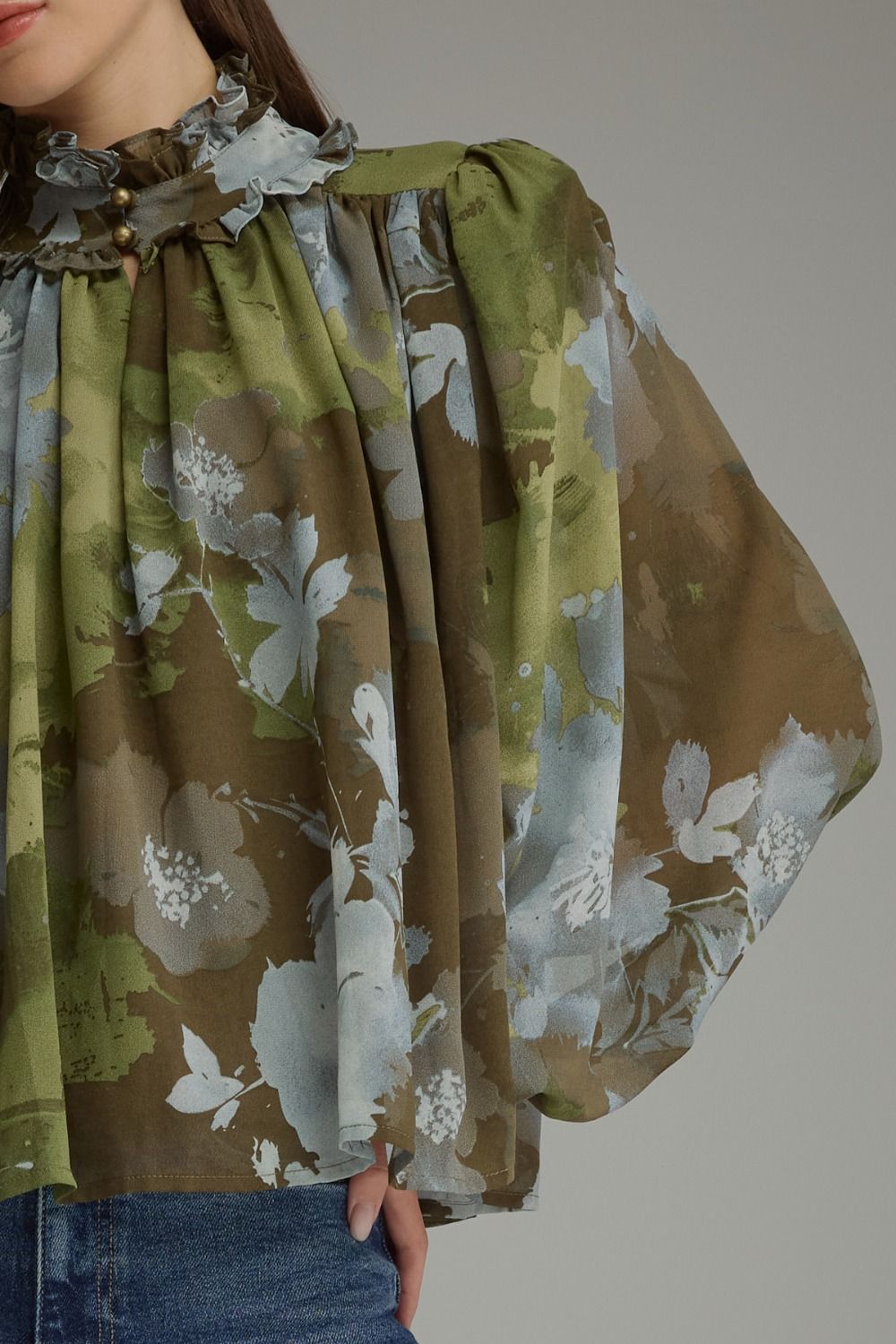 Printed Long Puff Sleeve Top - Olive