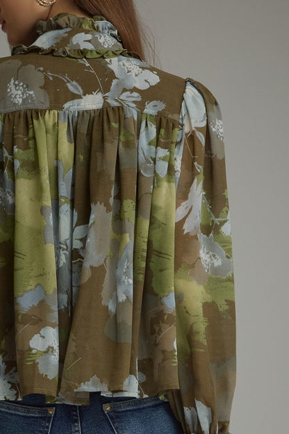 Printed Long Puff Sleeve Top - Olive