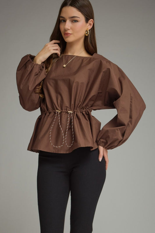 Drawstring Waist Blouse - Brown