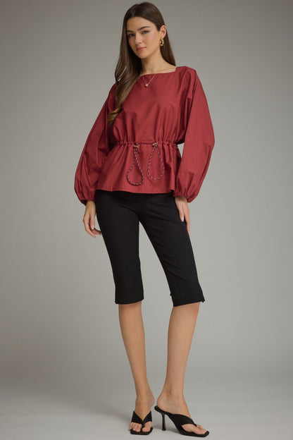 Drawstring Waist Blouse - Burgundy
