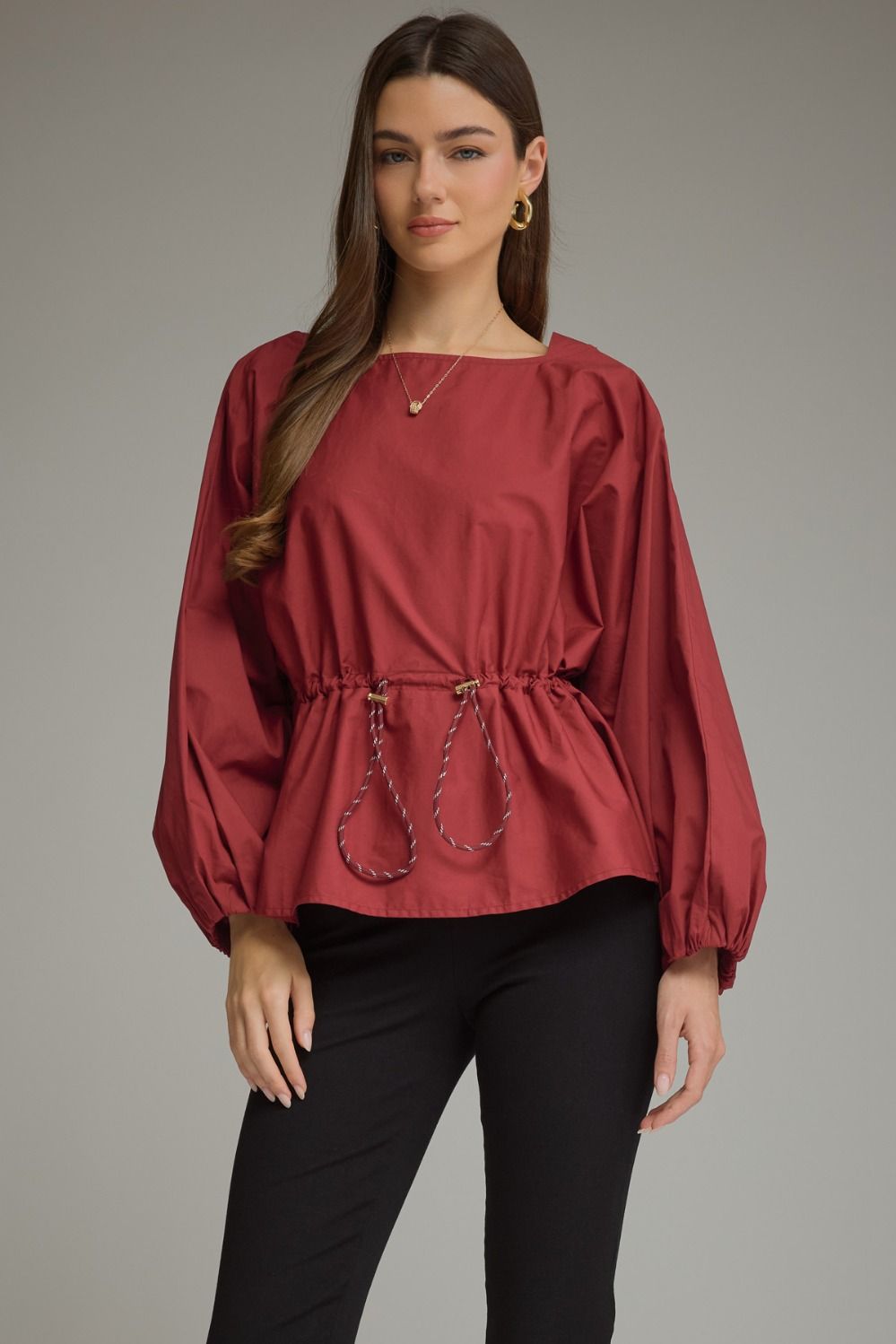 Drawstring Waist Blouse - Burgundy