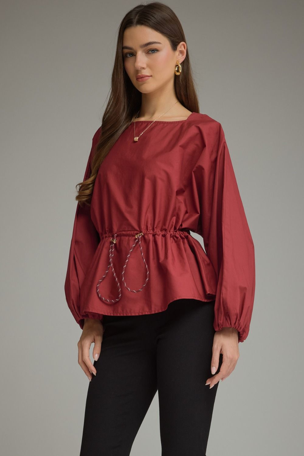 Drawstring Waist Blouse - Burgundy