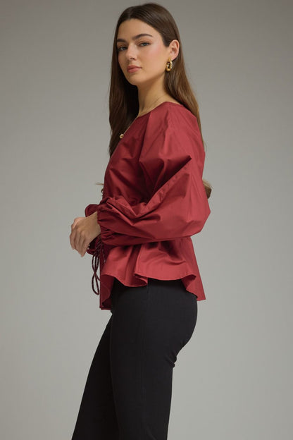 Drawstring Waist Blouse - Burgundy