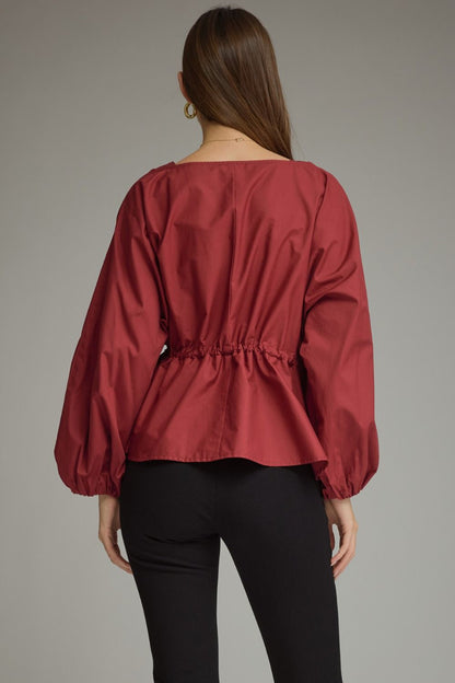 Drawstring Waist Blouse - Burgundy