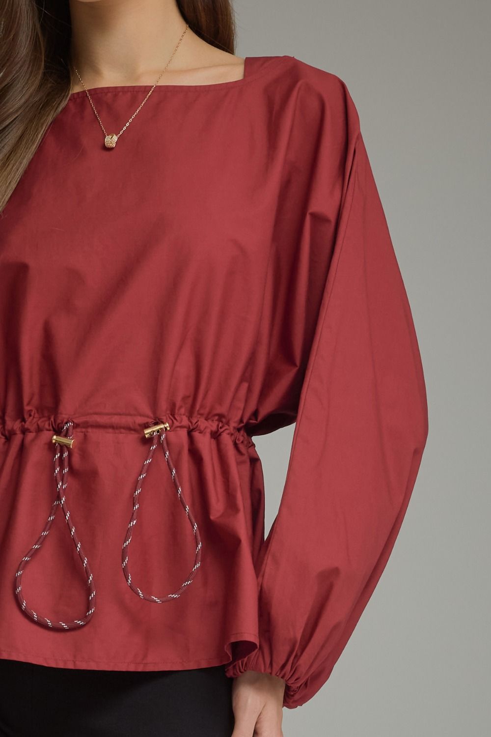 Drawstring Waist Blouse - Burgundy