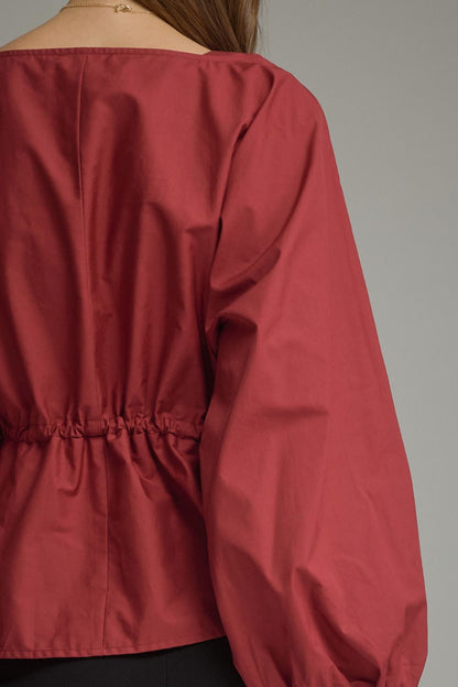 Drawstring Waist Blouse - Burgundy