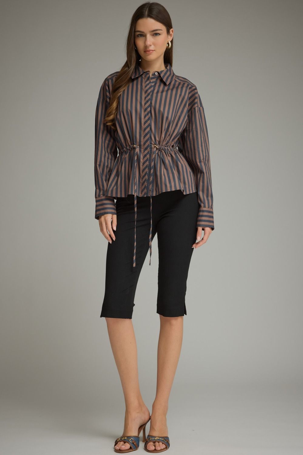 Drawstring Waist Blouse - Navy/Brown