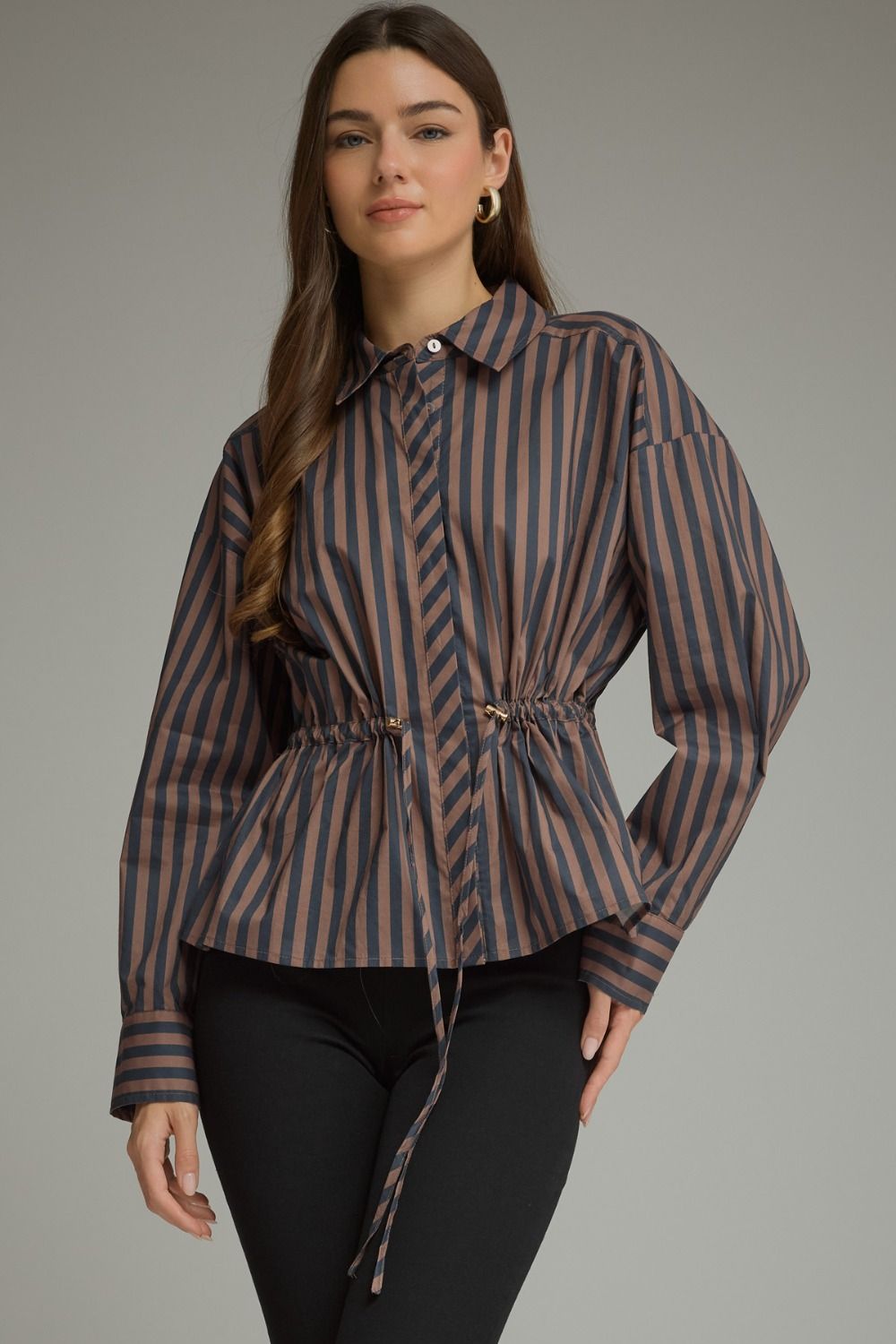 Drawstring Waist Blouse - Navy/Brown