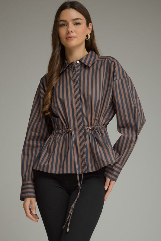 Drawstring Waist Blouse - Navy/Brown