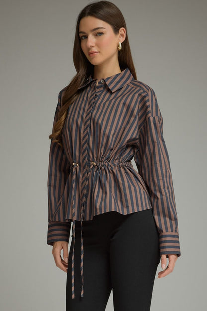 Drawstring Waist Blouse - Navy/Brown